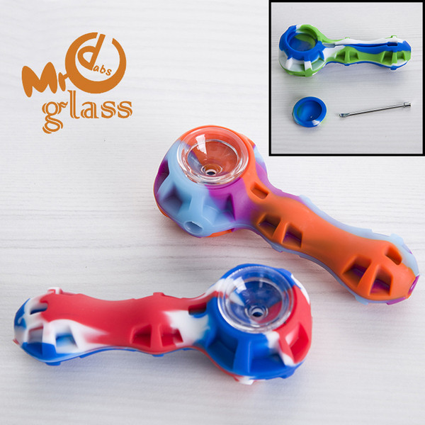 Food grade silicon hand pipe water pipe with glass bowl+ stainless steel dabble+silicon jar Silicone Bong