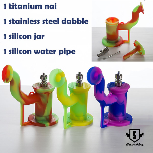 Silicone Water Pipe Silicon Rig Unbreakable Dab Rig With Titanium Nail Stainless Steel Dabber Silicone Jar Container wholesale