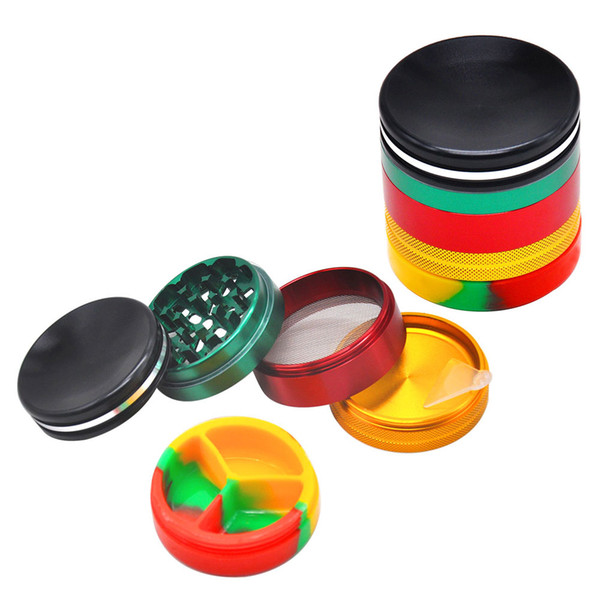 Rasta Color Aluminum Smoking Herb Grinder Silicone Storage Stash Jars 63MM 5Piece Metal Tobacco Herbal Grinders Herbal Crusher Accessories