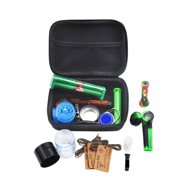 New Tobacco Bag Set Plastic Smoking Herb Grinder Storage Jar Metal Tin Silicone Smoking Pipe One Hitter Dugout Rolling Machine Glass Tips