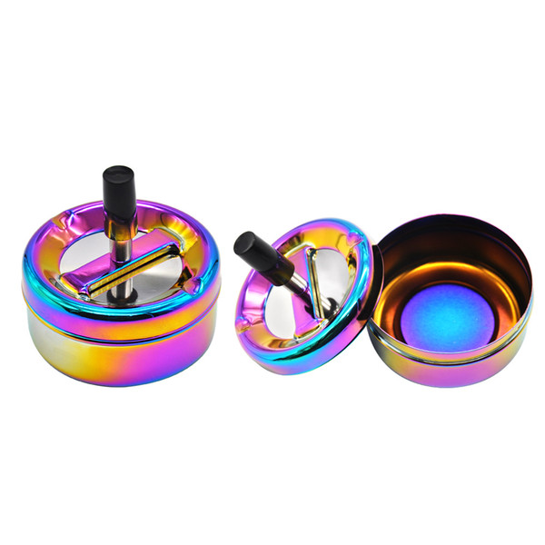 Premium Rainbow Color Stainless Steel Ashtray 94mm Press Rotary Portable Ash Tray Metal Ashtray With Lids