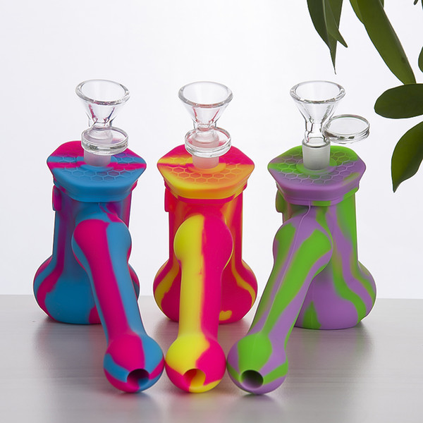 Wholesale Multi-Function Silicone Hammer Hand Pipes Camo Oil Burner Bubbler Hand Smoking Pipes Dab Rig with Glass Bowl and Silicone Jar 469