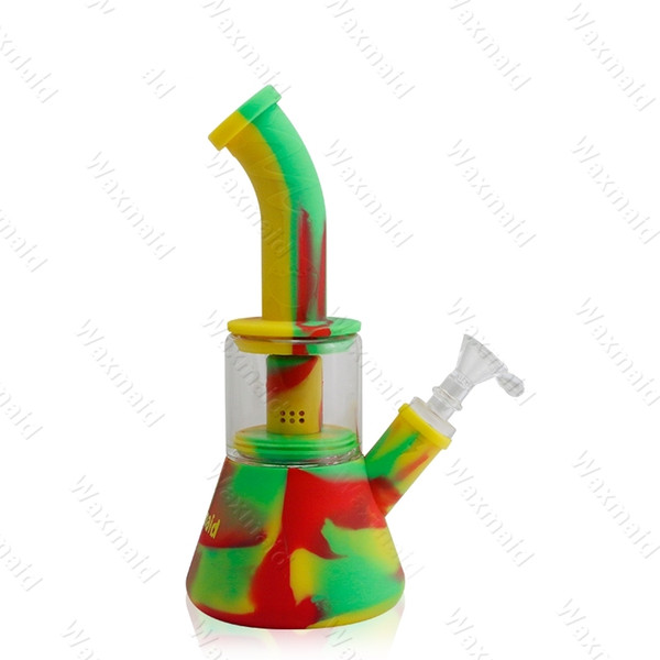 Bong FDA Silicone Water Pipe With 14mm Male joint Glass Bong 6 colors Dab rig For Dry Herb DHL Free Shipping