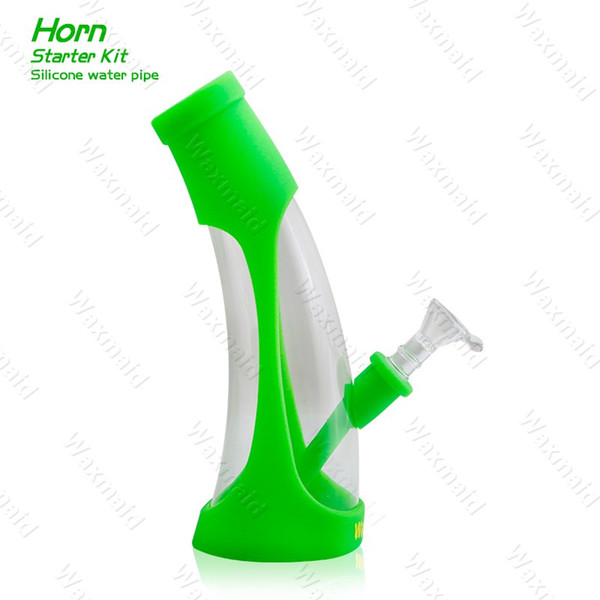 Glass Bong Platinum Cured Silicone Water Pipes Waxmaid New Beaker Bongs Horn For Dry Herb With Bowl Factory Outlet DHL Free Shipping