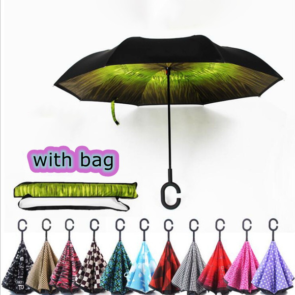 Creative Inverted Umbrellas Double Layer With C Handle Inside Out Reverse Windproof Waterproof Umbrella With Bag 39 Colors