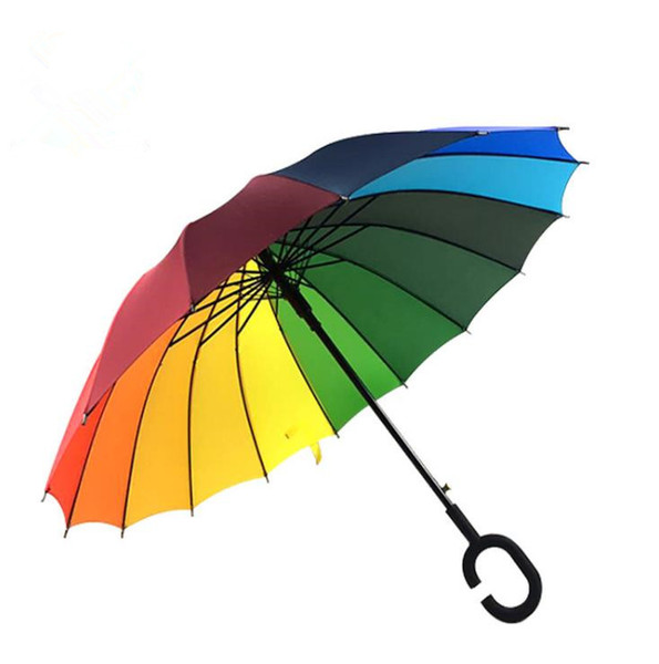 Rainbow Umbrellas 2018 High Quality 16K Golf Umbrella Automatic Long-handle Umbrella Sunny Rainy Pongee Rainbow Adult Color Umbrella a227