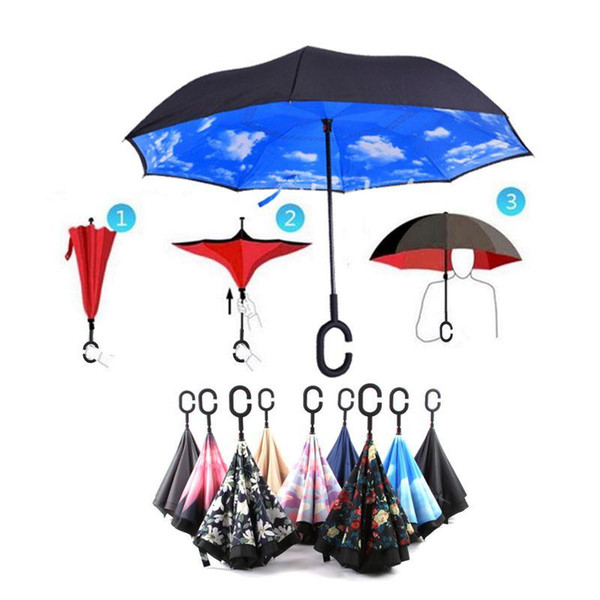 Travel Umbrella Strong Waterproof C Shape Double Layer Reverse Car Umbrella Open/Close In The Narrowest Space Creative Graphic For Christmas