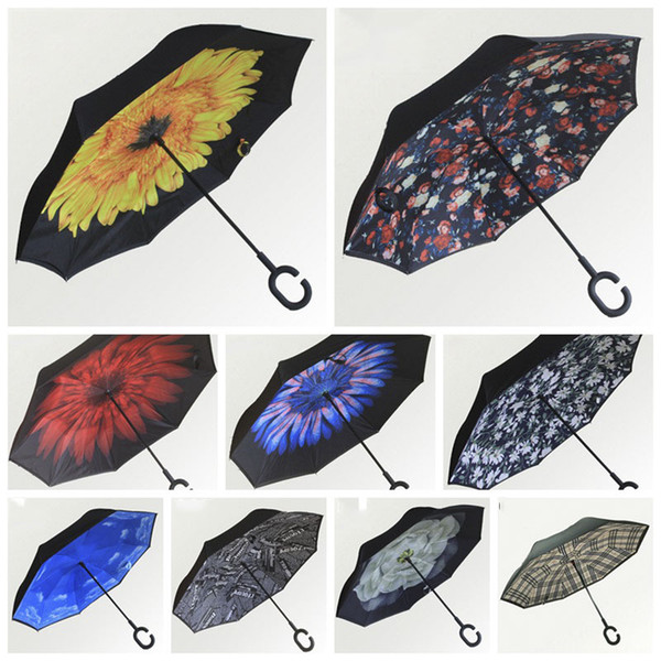 High Quality Windproof 8 Bones Umbrella Inverted Umbrellas C Long Handle Folding Reverse Umbrella UV Protection Sunny Rainy Beach