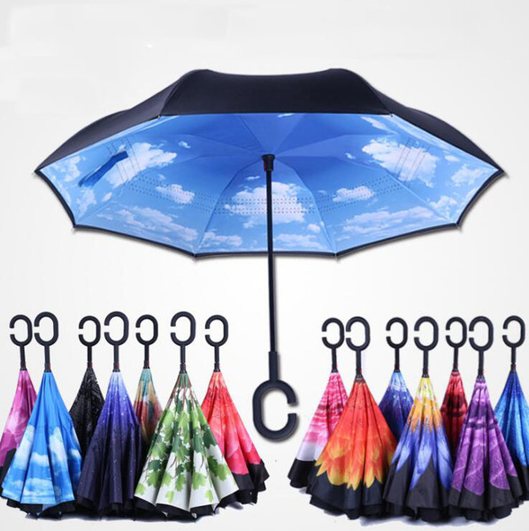 High Quality Windproof Reverse Folding Double Layer Inverted Chuva Umbrella Self Stand Inside Out Rain Protection C-Hook Hands