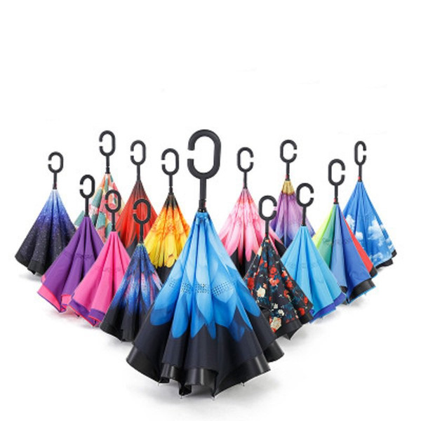 Windproof Reverse Umbrella New Design 82 Colors Double Layer Inverted Umbrellas C Handle Umbrellas For Car Printable Customer Logo RE5645