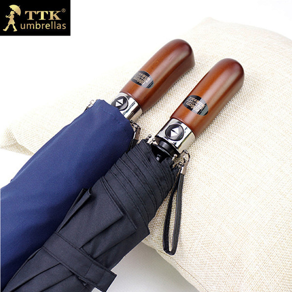 double layers big umbrellas men automatic umbrella windproofK rain 3 folding wooden handle fishing male parasol for man gift