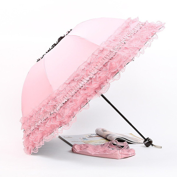 Three Folding Lace Umbrella rain women UV Proof Sunny/Rainy parasol Wedding photography Umbrellas Paraguas 10 Color