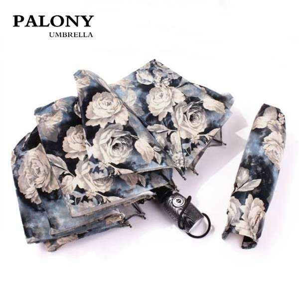 PALONY Strong Wind Creative Retro Pattern Beautiful Painting Women Rose 3-Folding Automatic Umbrella Sunny And Rainy Umbrella