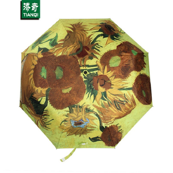 oil painting Sunflower paern sun rain Umbrella rain women 3 Folding Thickening Anti UV fashion abstract art SKU 04A1C05