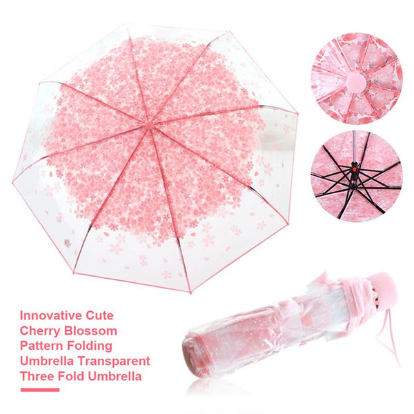 Innovative Cute Cherry Blossom Pattern Folding Umbrella Transparent Three Fold Umbrella high quality rain tools transparent