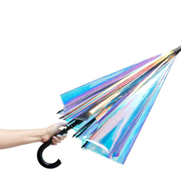 Laser Transparent Umbrella Rain Sunshade Long Handle Colorful Gradient Plastic PVC Holographic Umbrellas Outdoor Travel Umbrella SN2851