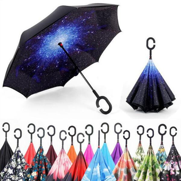 Creative Inverted Umbrellas Double Layer With C Handle Inside Out Reverse Windproof Umbrella 34 colors OOA867