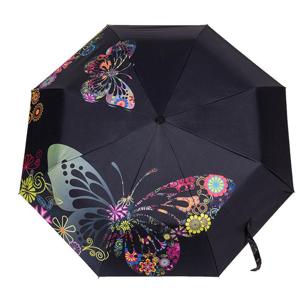 Women Sun Protection Parasol Black Coating Butterfly Printing Sunny and Rainy Umbrella for Girl Rain Tools Outdoors YS119