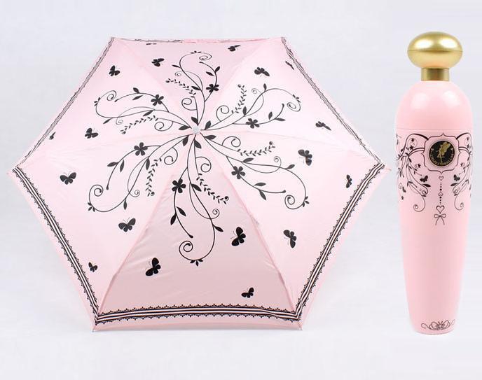 Novelty Perfume Bottle Shaped Folding Umbrella Mini Portable Sunshade Anti-UV Rain Parasol Pink Plastic Case Black Berry Design