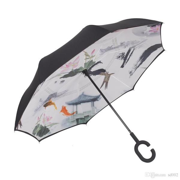 With C Hand Rainproof Umbrella Windproof Reverse Double Layer Inverted Umbrellas Soft Anti Skid Bumbershoot Multi Colors 35 Kk BB