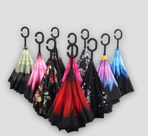 76 colors Umbrella Windproof Reverse Folding Double Layer Inverted Chuva Umbrella Self Stand Inside Out Rain Protection C-Hook Hands