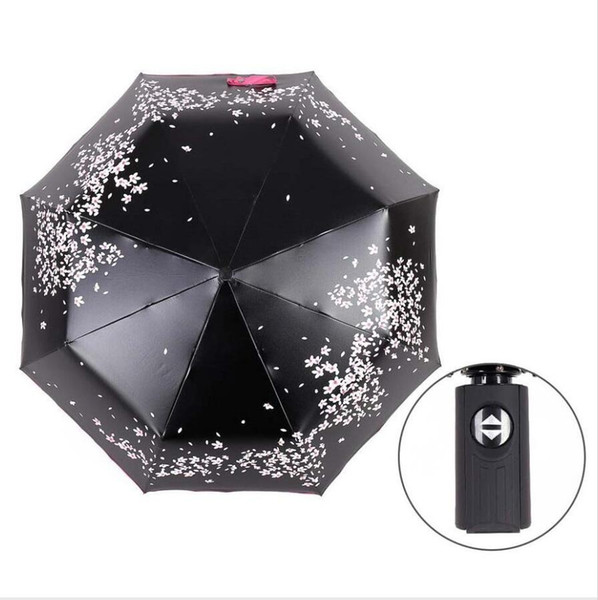 Automatic 3-folding Umbrella Cherry Blossom Rain Women black coating anti-uv Sakura Flower print Umbrella Rain Tools Sun Parasol