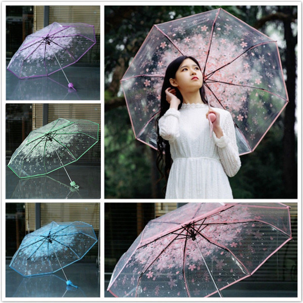 Transparent Clear Umbrella Handle Windproof 3 Fold Umbrella Cherry Blossom Mushroom Apollo Sakura women Girl's Umbrella MMA3221