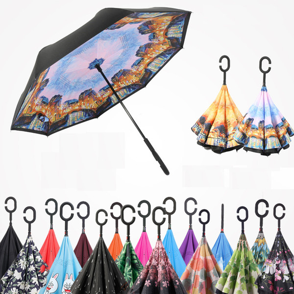 Windproof Reverse Folding Double Layer Inverted Chuva Umbrella Self Stand Inside Out Rain Protection C-Hook Hands H009