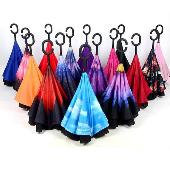 2017 Creative Inverted Umbrellas Double Layer With C Handle Inside Out Reverse Windproof Umbrella 34 colors free shipping