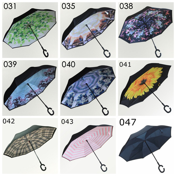 46 Patterns Windproof Reverse Umbrella Folding Inverted Sunny Rainy Umbrellas 60cm Self Stand Inside Out Rain Protection With C-hook Hands