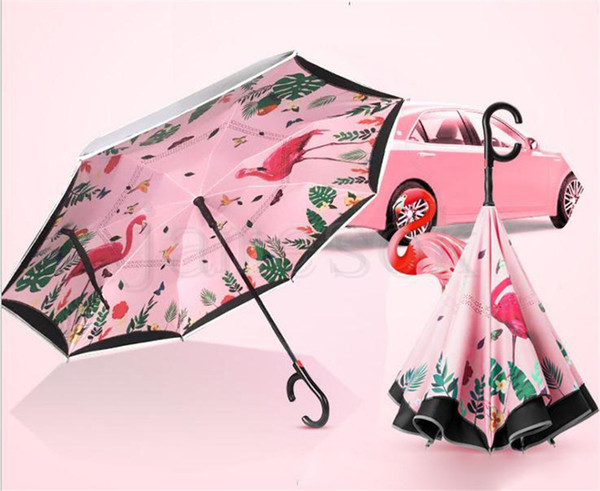 Cartoon Folding Reverse Flamingo Umbrellas Creative Double Layer Inverted C Hand Holder Stand Rain Windproof Rolling Over Umbrella dc739