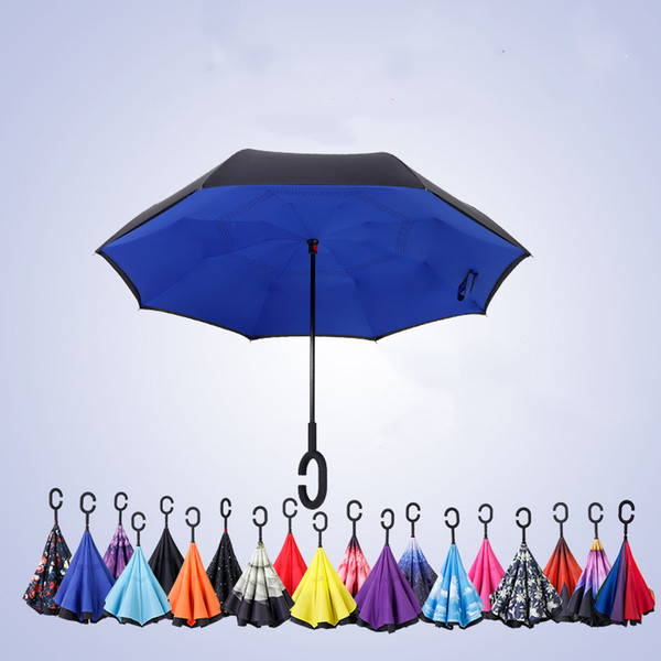 Fashion C-Hand Windproof Reverse Double Layer Inverted Umbrella Inside Out Self Stand Windproof Umbrella 34 design A351