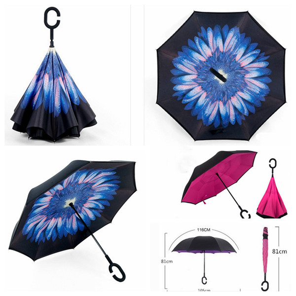 25 Colors High Quality Windproof Reverse Folding Double Layer Inverted Umbrella Self Stand Inside Out Rain Protection C Handle YH001-025