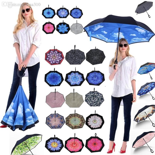 New High Quality Windproof umbrella Double layer straight pole reverse umbrella Inverted umbrella C Handle Umbrellas T2I384