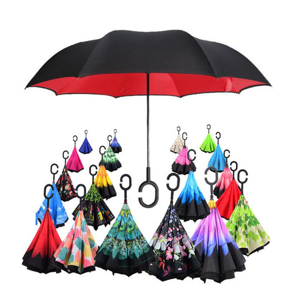 Newest Released Creative Inverted Umbrellas Double Layer With C Handle Inside Out Reverse Windproof Umbrella 76 colors