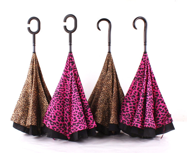 2 Colors Leopard Style Inverted Umbrella Sunshade Rain Umbrella C-shape J-shape Handle Waterproof Double Layer Reverse Car Umbrella