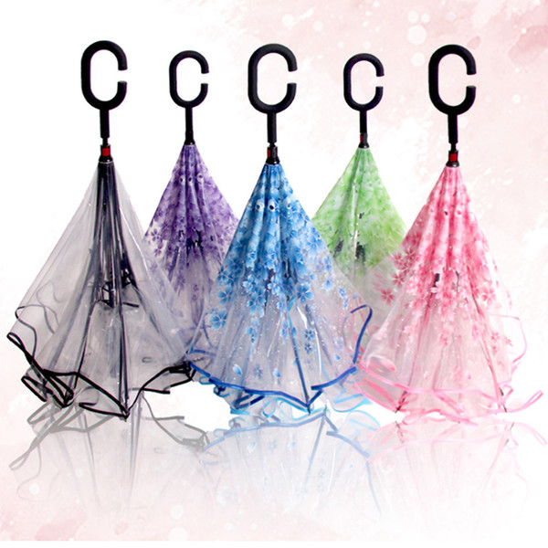 Transparent C-hand Umbrellas Reverse Double Layer Inverted Umbrallas Creative Umbrellas 5 colors can choose FREE SHIPPING