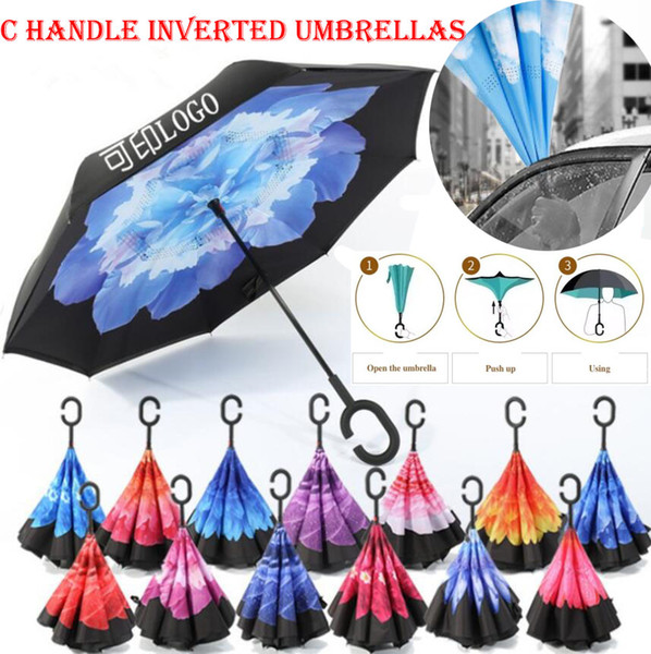 Custom UV Protection Windproof Double-Layer Reverse C Handle Inverted Umbrella non automatic folding print inverted umbrella