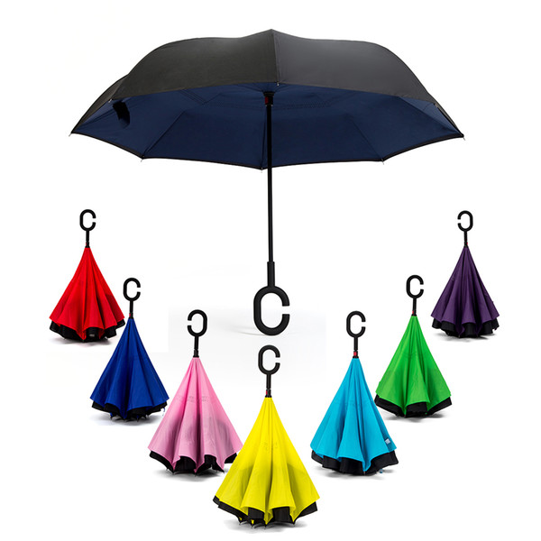 Drop Shipping Solid Color Double Layer Reverse Umbrella Long-Handled Rolling Over Semi Automatic Umbrella