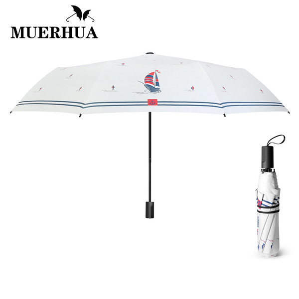 MUERHUA 2018 Women's Sunshade Umbrella/Anti-UV Pirate Ship Three Folding Umbrella Black Coating Umbrella