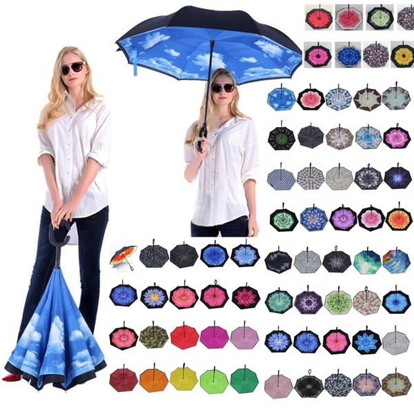 Folding Reverse Umbrella 85 Styles Double Layer Inverted Long Handle Windproof Rain Car Umbrellas C Handle Umbrellas