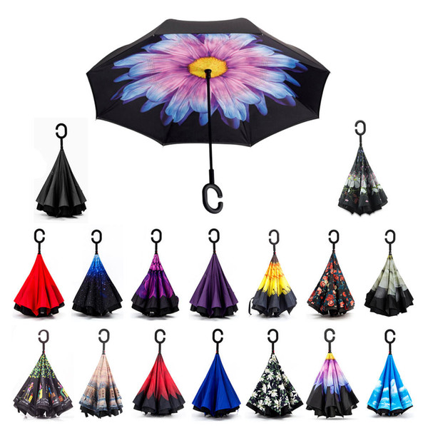 Windproof Reverse Folding Double Layer Inverted Chuva Umbrella Self Stand Inside Out Rain Protection C-Hook Hands For Car