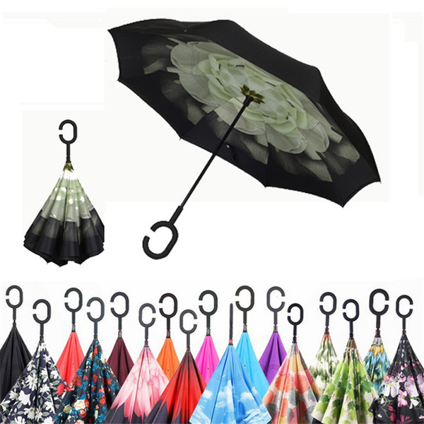 Foldable Practical Umbrella Reverse Double Layer Inverted Bumbershoot Inside Out Self Stand Windproof Umbrellas Easy To Carry