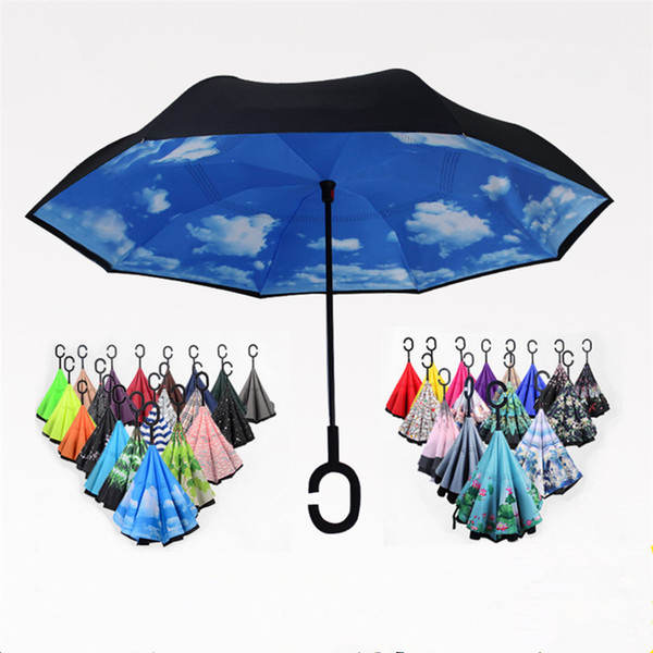 Folding Reverse Umbrella 52 Styles Double Layer Inverted Long Handle Windproof Rain Car Umbrellas C Handle Umbrellas T2I384