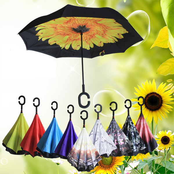 63 Patterns Sunny Rainy Umbrella Reverse Folding Inverted Umbrellas With C Handle Umbrella Double Layer Inside Out Windproof Wholesale YM001