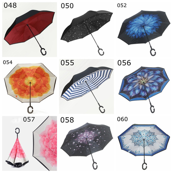 Double Layer Inverted Umbrella Outdoor Factory China 8 Ribs Fold Upside Down Fabric Windproof C-Handle Reverse Umbrella with Bag YM001-064