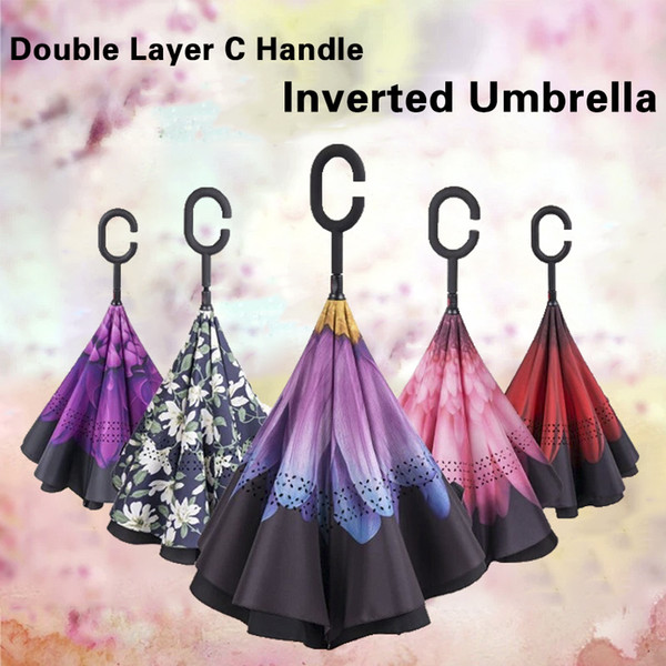 Foldable Creative Inverted Umbrella With Unique Logo Windproof Rianproof Umbrella Double Layer Reverse Colorful Umbrellas With C Handle