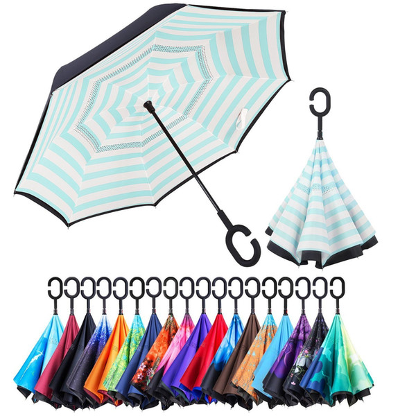 In Stock Double Layer Inverted Umbrellas Windproof Reverse Umbrella with C Handle Beach Umbrellas Inside Out UV Protection 63 Colors