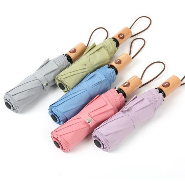 Automatic umbrella lady student Japanese art style creative wooden handle 3 fold simple super bright quality sun umbrella