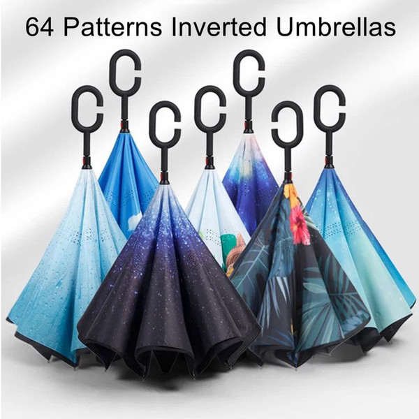 Creative Inverted Shade Umbrellas Double Layer With C Handle Inside Out Reverse Windproof Colorful Rainy Sunny Beach Umbrella 64 Patterns